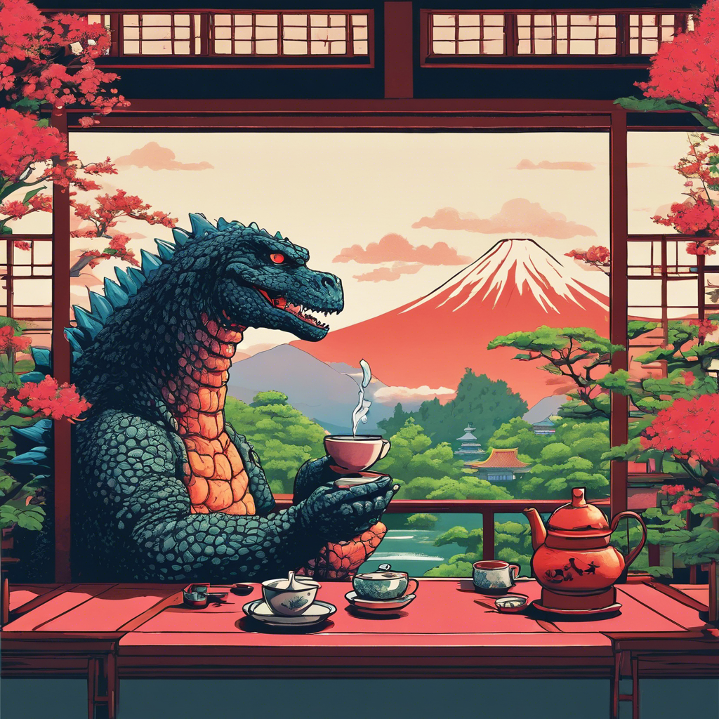 Peaceful Godzilla drinking tea